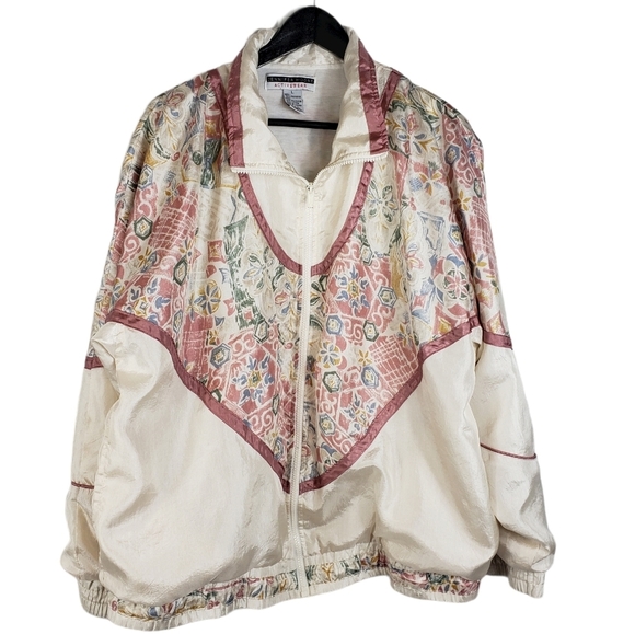 Vintage 80s Jennifer Moore Floral Windbreaker Track Jacket Sz L Cream Pink - Picture 1 of 11